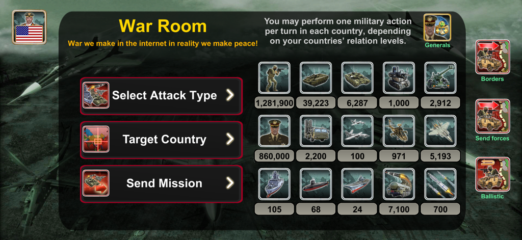 Interfaz de la Sala de Guerra del juego World Empire que muestra el inventario de unidades militares y las opciones de misiones tácticas.