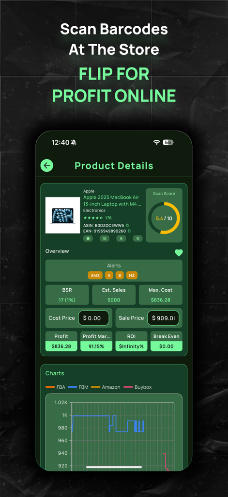 Scan Profit - AI Sourcing Tool - Application mobile Scan Profit affichant des analyses d'approvisionnement de produits Amazon en temps réel et un calculateur de bénéfices