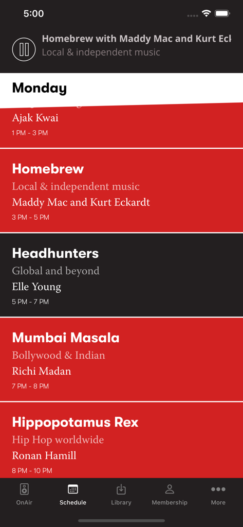 PBS FM - PBS FM mobile app screen showing the Monday radio program schedule with various specialist music shows