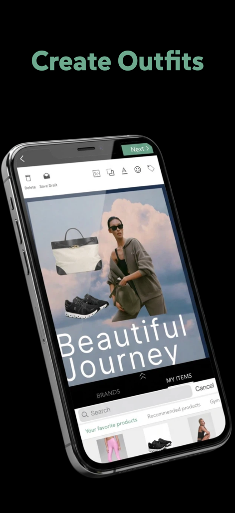 Lookbooks - Express Creativity - A mobile phone screen showing the Lookbooks app interface for creating fashion outfit collages and mood boards.