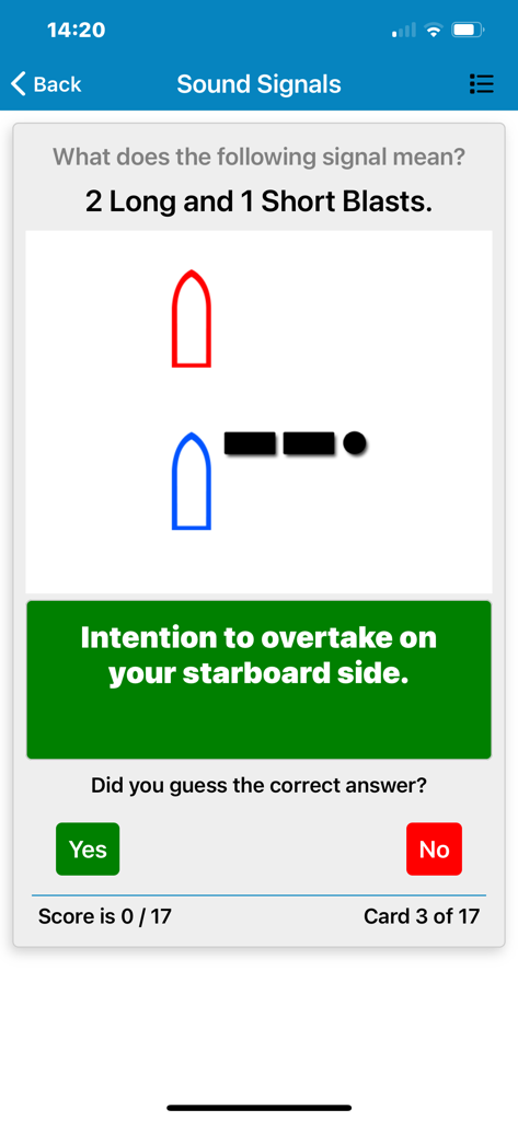 Marine Master Self Test - Pantalla de cuestionario de señales sonoras marítimas para adelantar por la banda de estribor