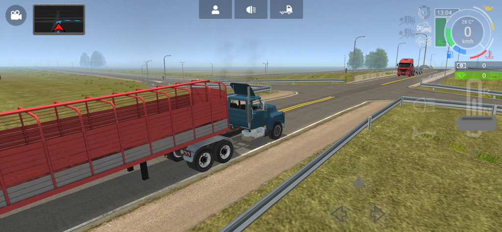 Grand Truck Simulator 2 - A blue semi-truck hauling a red trailer on a rural highway in Grand Truck Simulator 2.