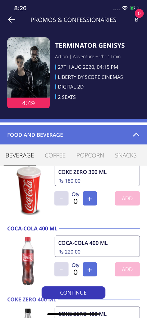 Una schermata dell'app mobile di Scope Cinemas che mostra i dettagli della prenotazione del film Terminator Genisys e una selezione di bevande analcoliche.