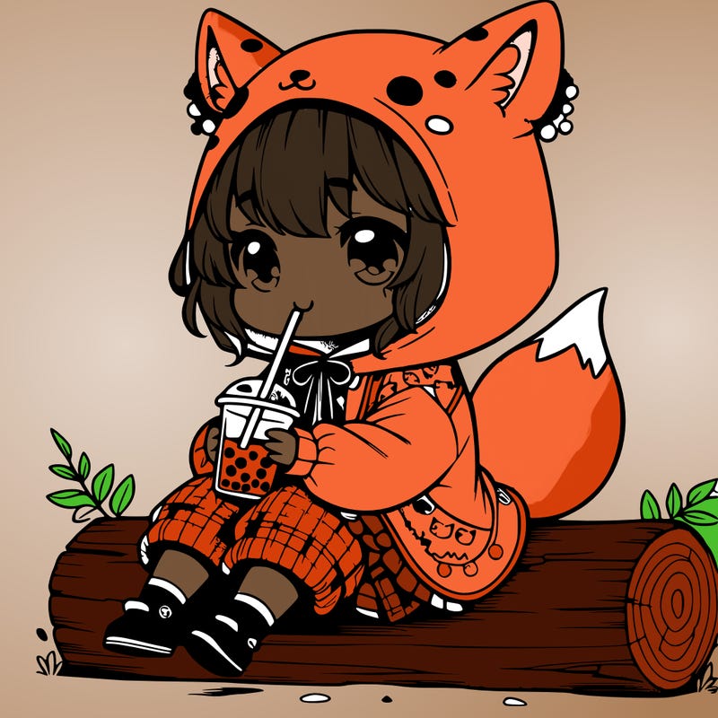 a cute anime realistic girl who is wearing a cute fox onesie and is drinking boba sitting on a log