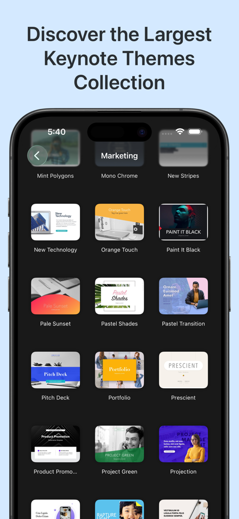 Toolbox for Keynote: Templates - Uma tela de smartphone exibindo uma grade de vários temas profissionais para Keynote e modelos de apresentação.