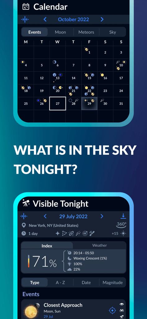 Sky Tonight - Stargazing Guide - Sky Tonight app screens showing an astronomy calendar of events and a stargazing visibility index with weather data