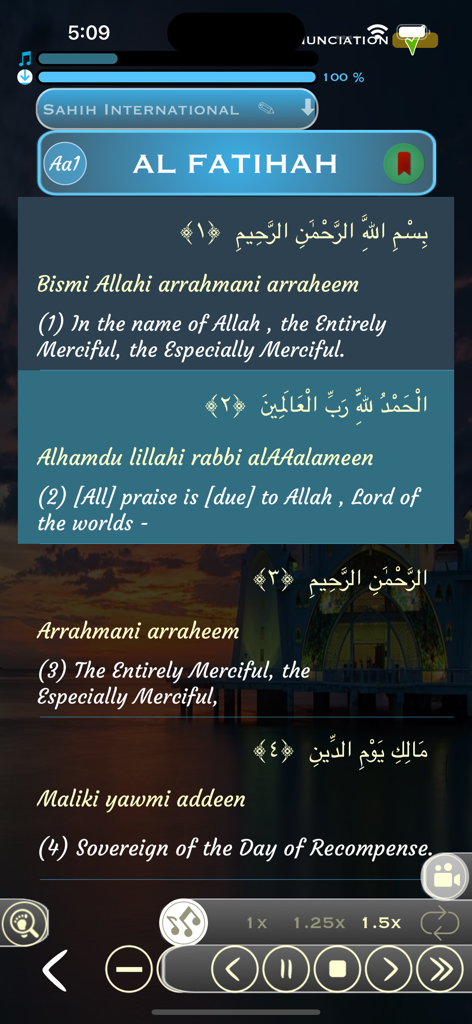 Interface of the Quran reader feature showing Surah Al Fatihah with Arabic text, transliteration, and English translation