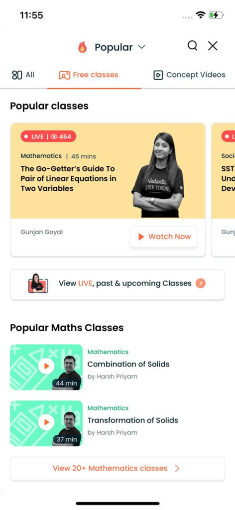 Vedantu Learning App - Interface of the Vedantu Learning App showing popular mathematics live classes and study modules