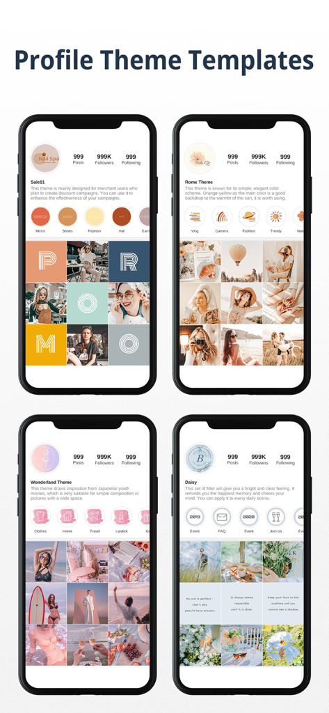 Display of four different Instagram profile theme templates including grid layouts and story highlight icons