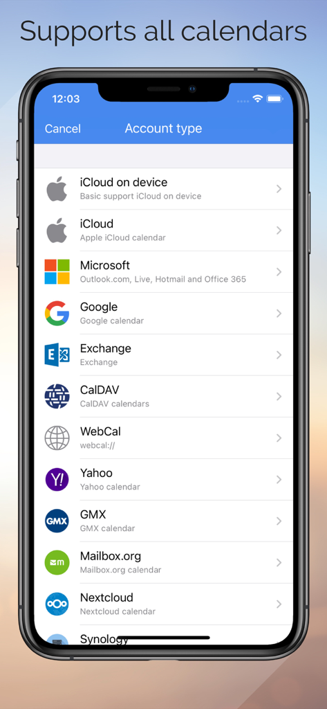 One Calendar - Ein Smartphone-Bildschirm zeigt das Menü der One Calendar App mit verschiedenen unterstützten Kontotypen, einschließlich iCloud, Microsoft, Google und Nextcloud