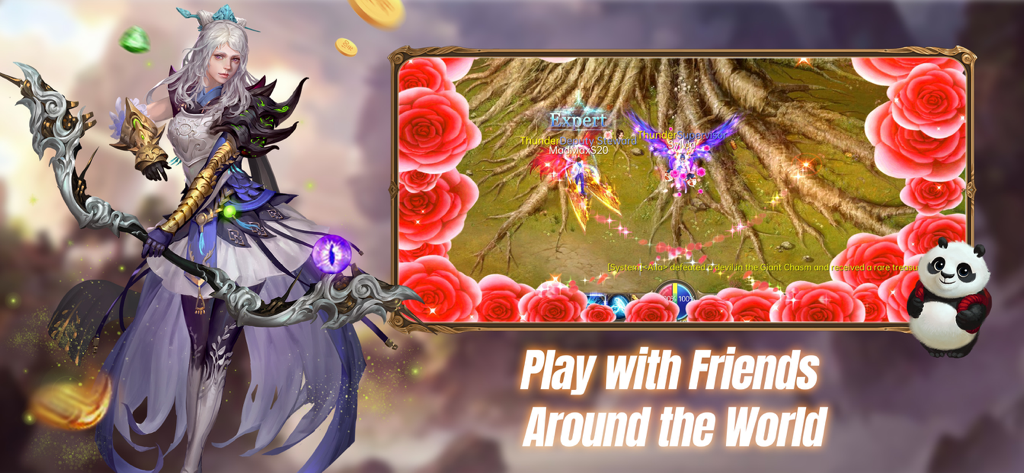 Conquer Online IIの赤いバラで囲まれたゲームプレイウィンドウの隣にいる女性ヒーローキャラクター。