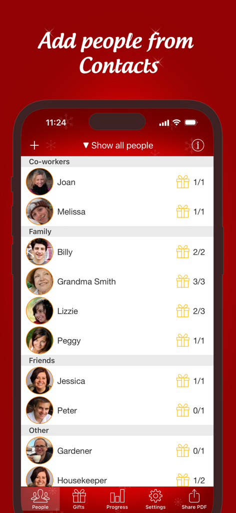 家族や友人などのグループ別に整理され、ギフトの進捗アイコンが付いたギフト受信者のリストを表示するモバイルアプリの画面。