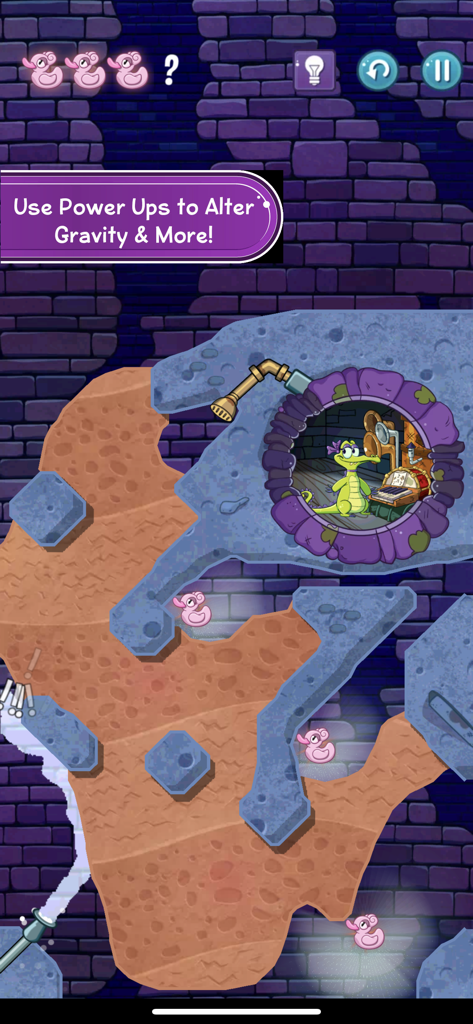 Where's My Water? 2 - Where's My Water 2のゲームプレイ画面。アリゲーターのアリーと重力パワーアップのヒントが表示されています。