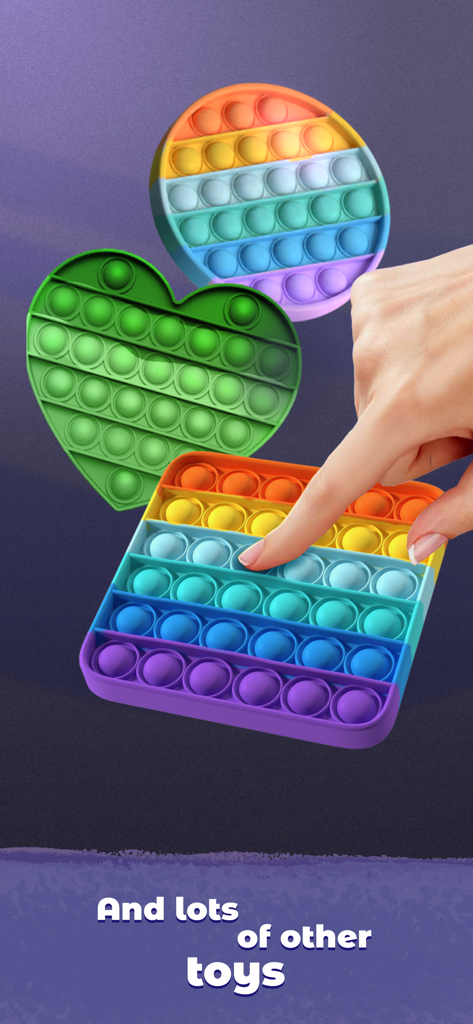 Anti stress ball: slime games - Una mano presionando un juguete fidget pop-it cuadrado de arcoíris virtual