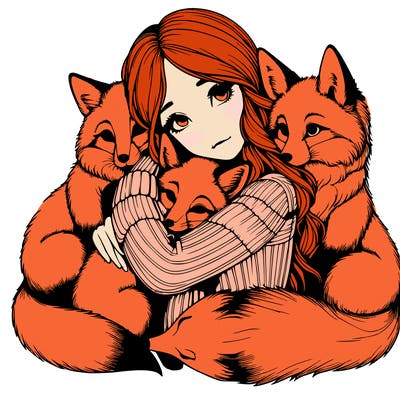 realistic, looking girl hugging, foxes