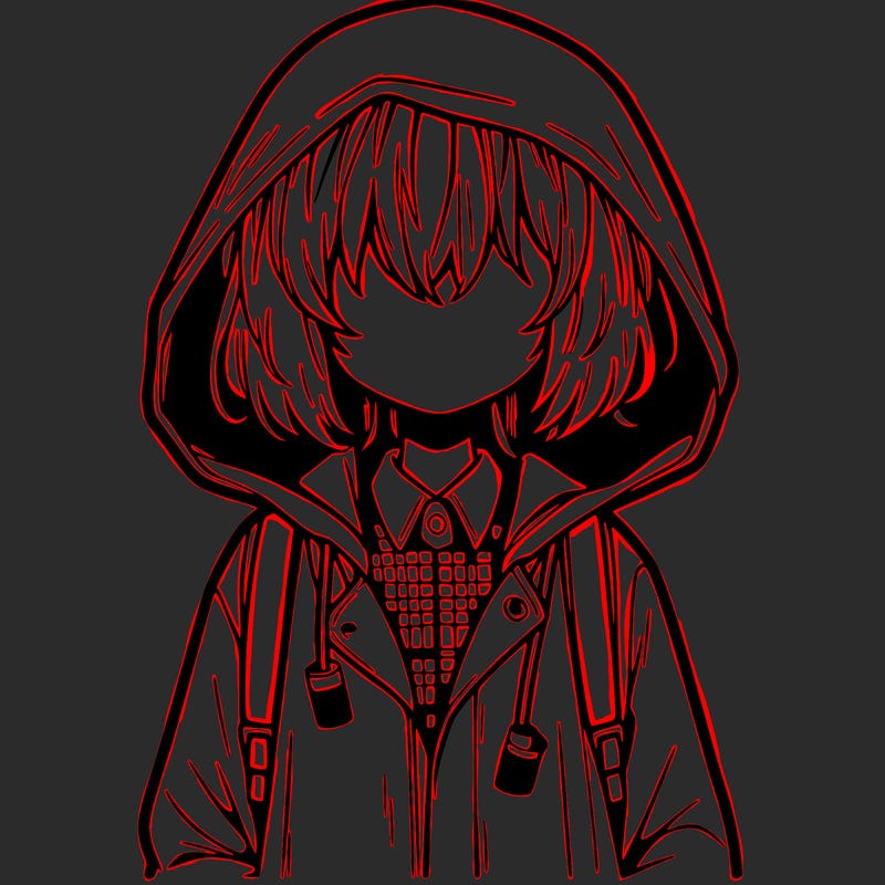 little anime girl in a raincoat her hair is covering her eyes she has a lighter