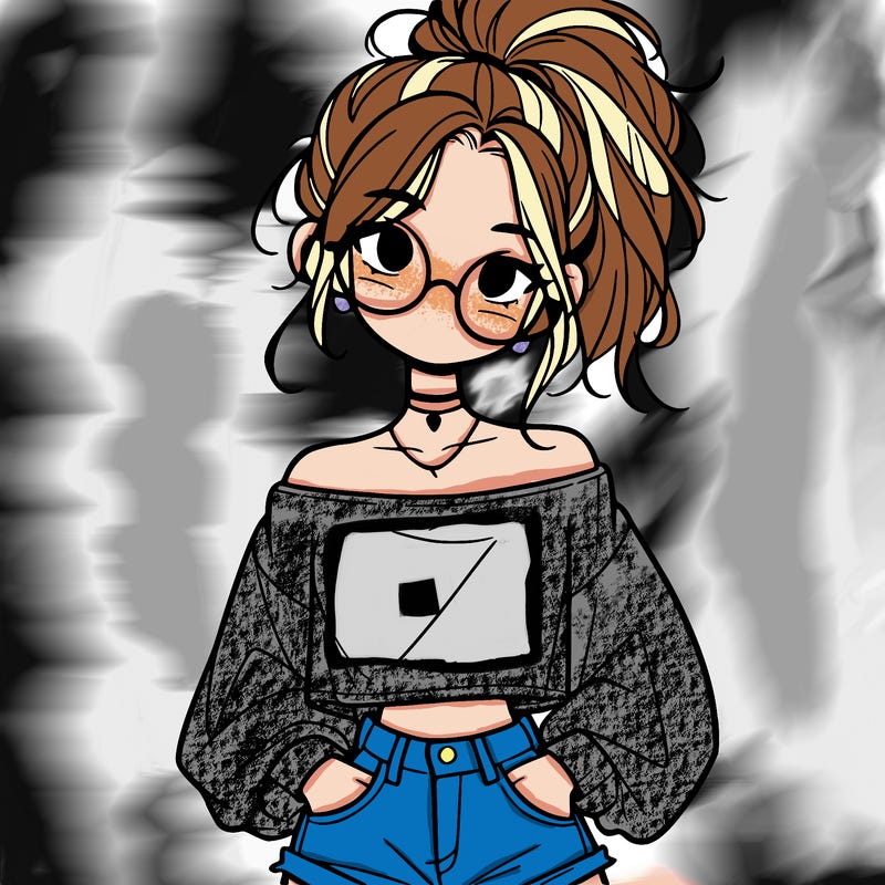 girl with a messy ponytail glasses a baggy crop top and jean shorts