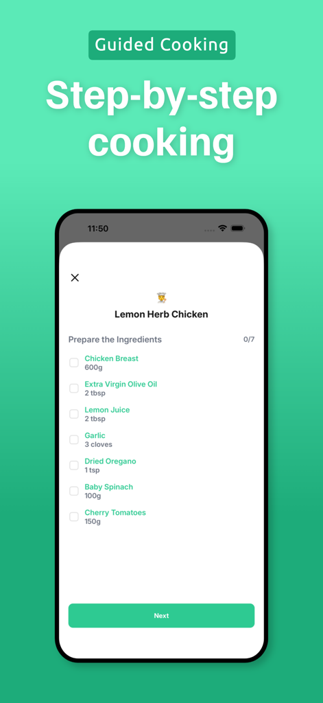 Pantry Pic: Photo to Recipe - Pantry Pic app interface showing a step-by-step ingredient list for a Lemon Herb Chicken recipe