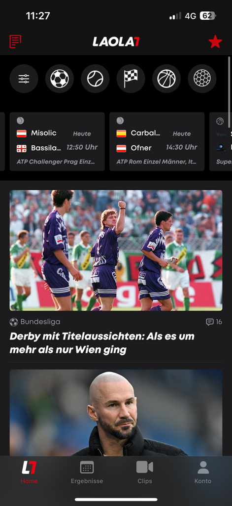 LAOLA1 mobile app interface showing sports news and live tennis match schedules in German