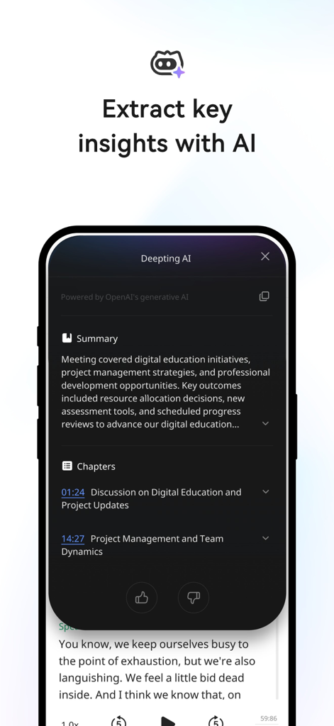 Deepting AI Transcribe Summary - Schermata dello smartphone che mostra un riassunto della riunione generato dall'AI e capitoli con timestamp all'interno dell'app Deepting AI.