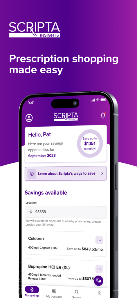 Scripta Insights - Scripta Insightsモバイルアプリのインターフェース。パーソナライズされた処方箋の節約と月々の費用削減の機会が表示されています。