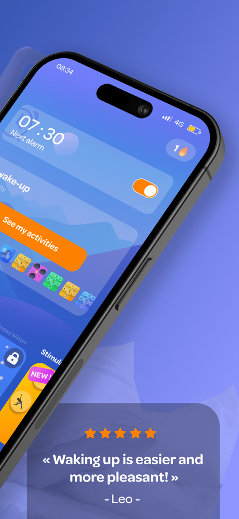 Personal Morning Routine WayUp - WayUp app interface showing a scheduled alarm and a five star user review from Leo about waking up easier.