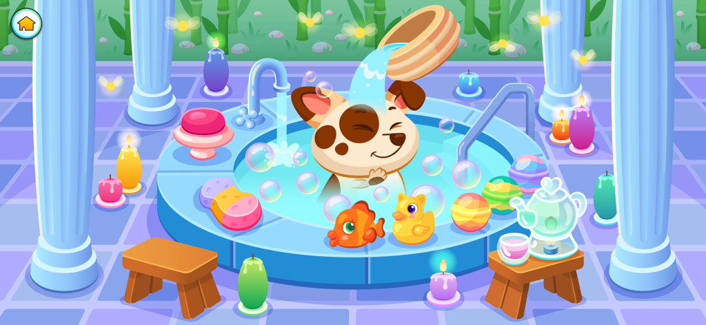 Duddu - My Virtual Pet Dog - Duddu, o cão virtual, tomando um banho de espuma com brinquedos em um spa
