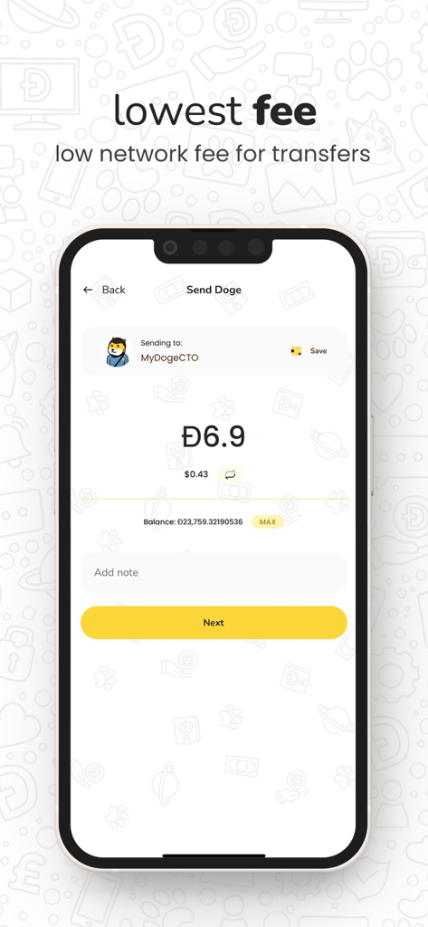 Dogecoinの送金と低いネットワーク手数料を示すMyDogeアプリの画面