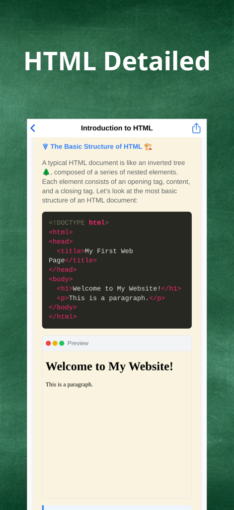 W3S mobile app screenshot showing an introductory HTML tutorial with code snippets and a live browser preview.