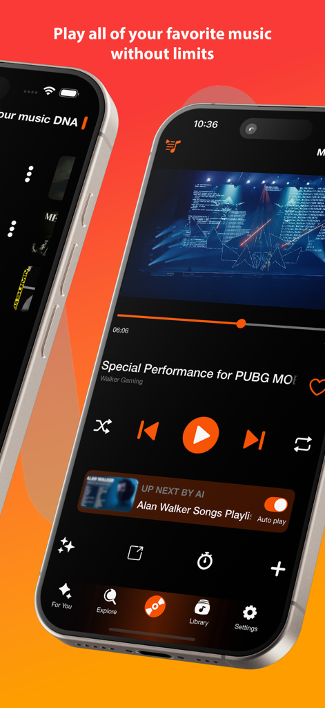 Music X Player-Music Streaming - Interfaz de la aplicación Music X Player mostrando la reproducción de vídeo musical y recomendaciones de IA