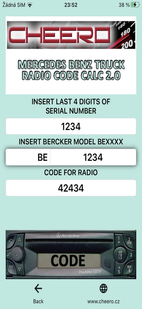 User interface of the Mercedes Benz truck radio code generator app showing serial number and model input fields