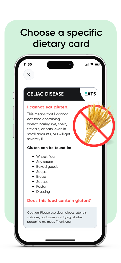 Equal Eats - Equal Eats app interface displaying a Celiac Disease dietary card with gluten restrictions.