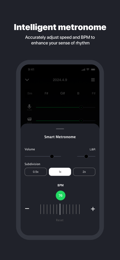 Interface do aplicativo Splitter AI mostrando o recurso de metrônomo inteligente com controles de BPM e subdivisão