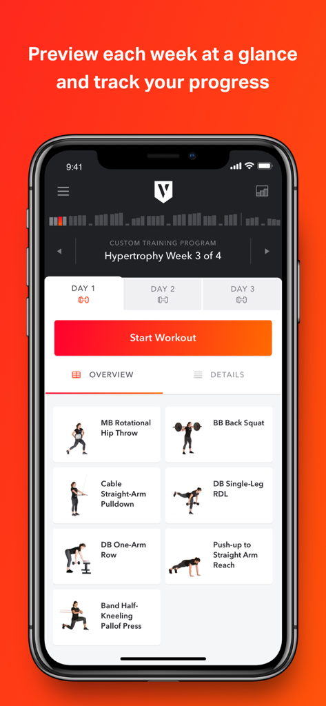 Volt app interface displaying a custom hypertrophy training program overview with a list of exercises like squats and lunges.