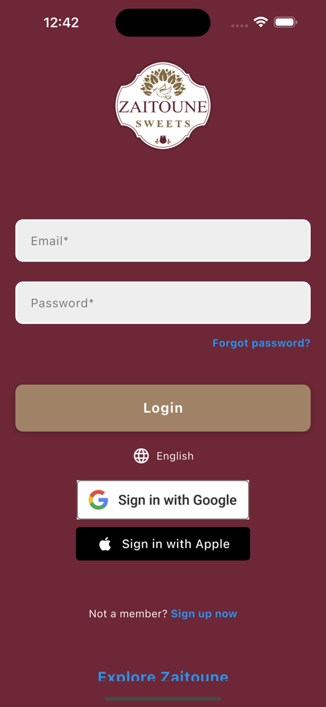 Zaitoune - Login screen of the Zaitoune Sweets app with email and password fields