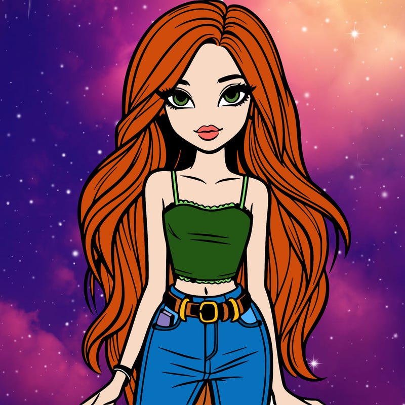 a girl with long hair and a skinny appearance, she is beautiful, the most beautiful in the world, she has amazing hair, and beautiful eyes, with a tank top and jeans with a chunky belt