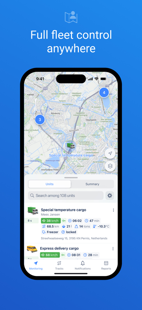 Wialon - Smartphone-Bildschirm der Wialon-App mit einer Echtzeit-Flottenkarte und einer Liste des Fahrzeugstatus