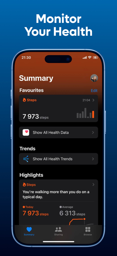 iPhone screenshot of the health summary dashboard showing daily steps and activity trends in the heart health app