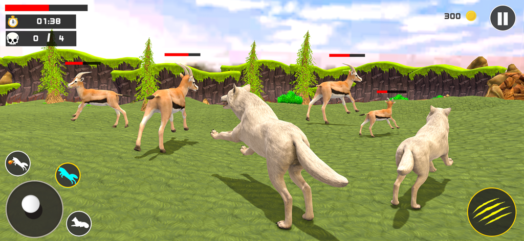 Wolf Game: Wild Hunting Sim - Captura de pantalla de lobos blancos persiguiendo gacelas en un entorno forestal en 3D