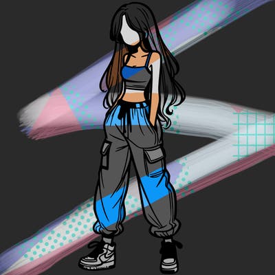 girl in baggy pants crop top and long hair