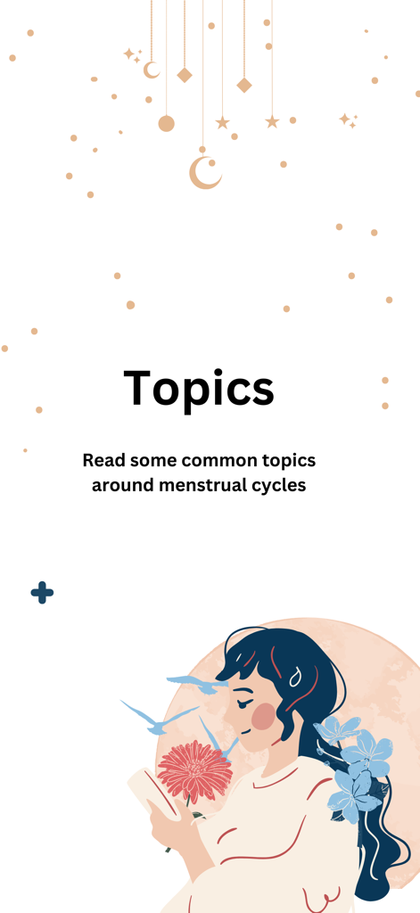 Period tracker - roony - Pantalla de temas educativos en la aplicación Roony con una ilustración de una mujer leyendo un libro.