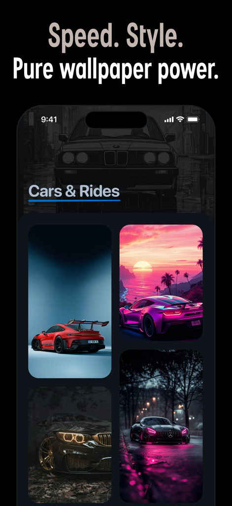 Pixs: Wallpapers & Backgrounds - iPhone screen displaying the Cars and Rides category in the Pixs app featuring high-resolution luxury sports car wallpapers.