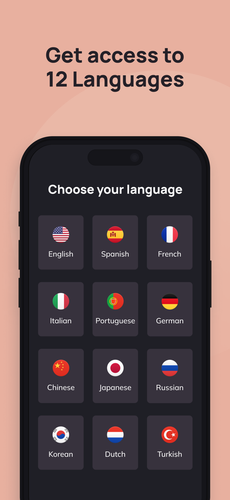 Lingopie: Learn a Language - Tela do aplicativo Lingopie mostrando doze opções de idiomas com bandeiras de países