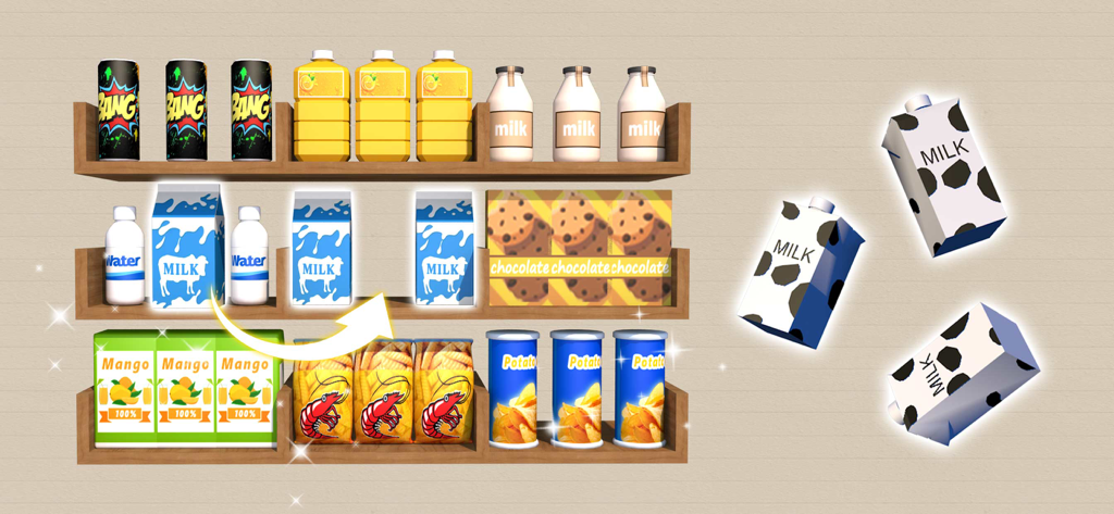 A 3D puzzle game screen where grocery items like milk and snacks are being organized on wooden shelves