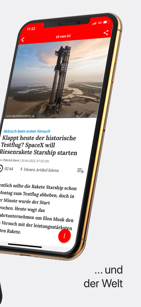 iPhone mit einem Nachrichtenartikel über einen SpaceX Starship-Start in der shz News App