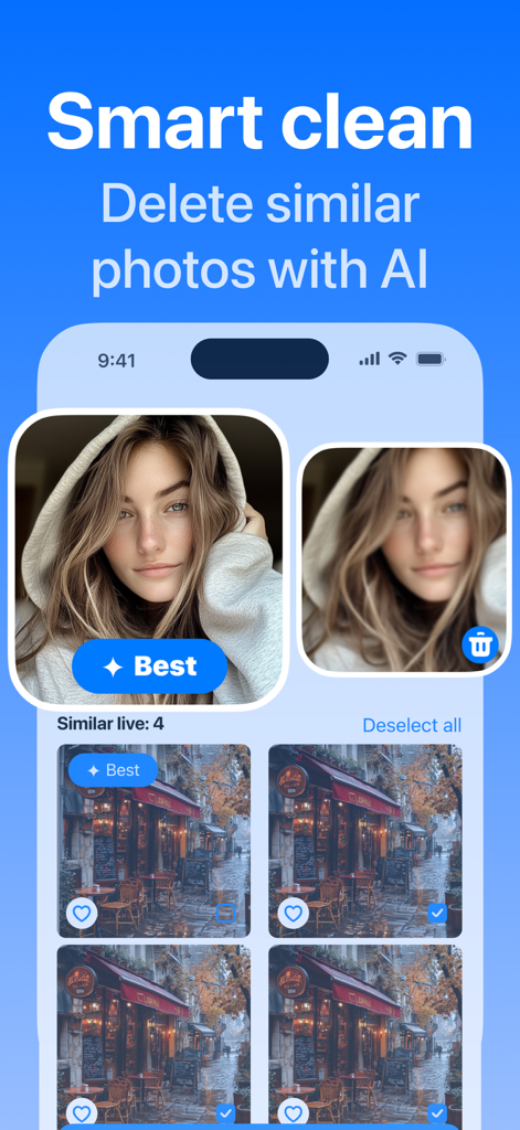 iCleaner Kit - Free Up Storage - L'interfaccia dell'app iCleaner Kit mostra la funzione di pulizia intelligente che utilizza l'IA per identificare ed eliminare foto simili per l'ottimizzazione dello spazio di archiviazione.