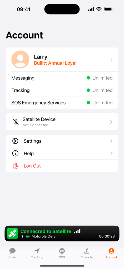 Bullitt Satellite Messenger - Bullitt Satellite Messenger account screen showing unlimited plan details for messaging tracking and SOS emergency services