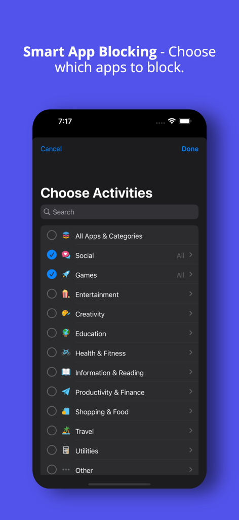 Selection screen of Timeout App Blocker showing various app categories to block for focus.