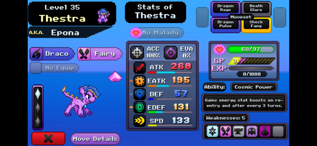 Battle Gem Ponies - A detailed pixel art stats screen for a creature named Thestra in Battle Gem Ponies showing its attributes, level, and moveset.