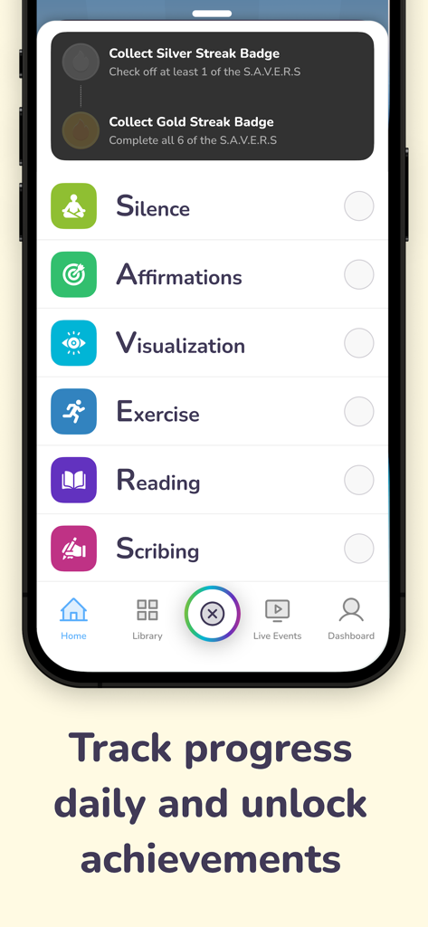 Miracle Morning Routine - SAVERSチェックリストと毎日の達成度追跡を示すミラクルモーニング・ルーティンアプリ
